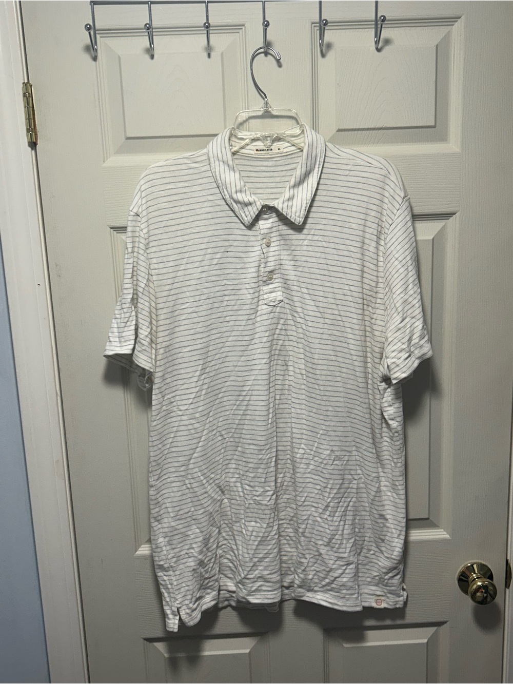 Marine Layer Men's Polo Shirt XL White Blue Striped Short Sleeve Button
